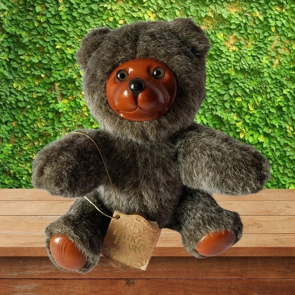 Vintage Robert Raikes wooden face& feet teddy bear gray - Picture 1 of 10